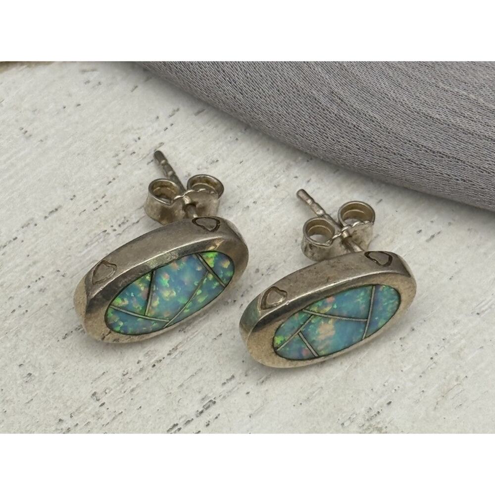 Vintage Navajo AD Sterling Silver 925 Opal Stud Earrings 5.15G/0.6in - Picture 4 of 5